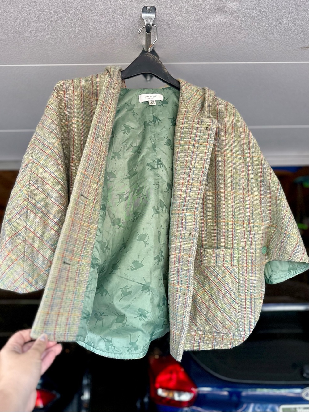 Paul & Joe Multicolor Tweed Hooded Poncho/Cape with Sage Lining